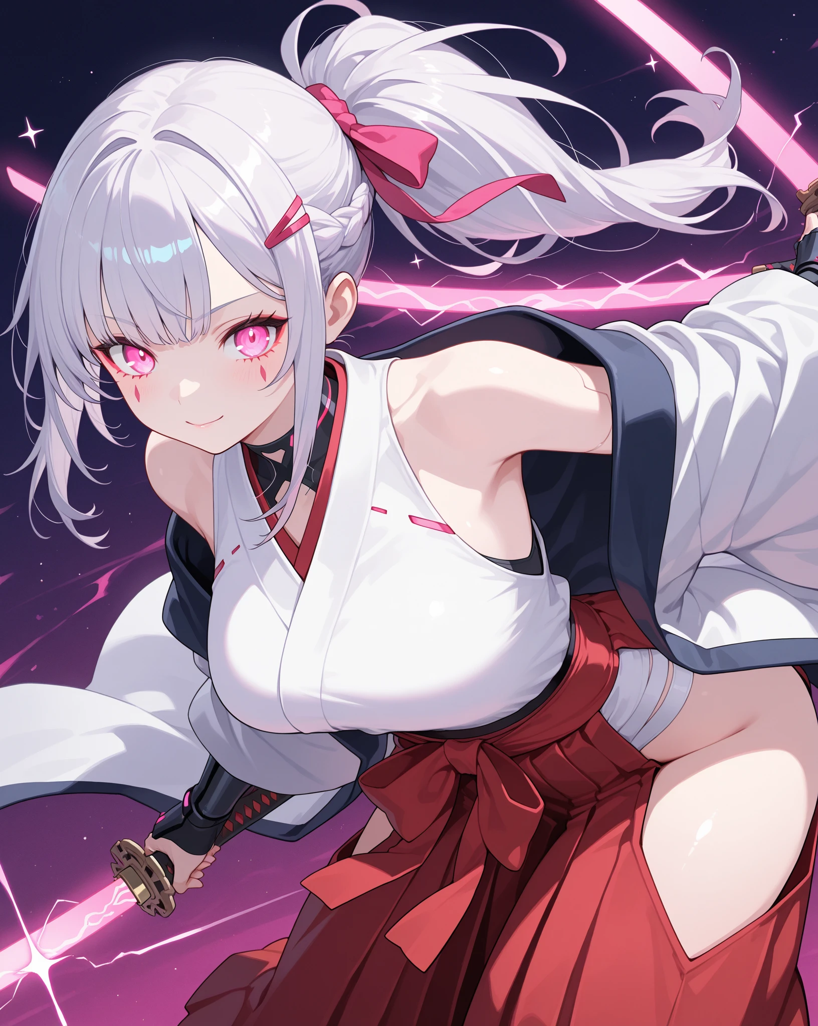 Cute anime girl, big , hashira, with katana, cool pose, white hair, pink eyes