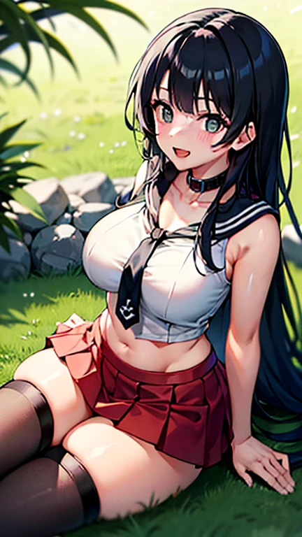 (masterpiece, best quality:1.2), cowboy shot, solo, 1girl, yukinoshita yukino, ((wide smile face:1.4)), ((looking at viever:1.4)), ((black tank logo:1.4)), ((Sky from above:1.4)), ((black lace panties:1.4)), ((full body)), ((kneeling on grass)), ((underboob:1.4)), outside, ((blushing:1.4)), ((armpits)), ((hands behind head:1.4)) ((school shoes:1.4)), ((black short socks:1.4)),