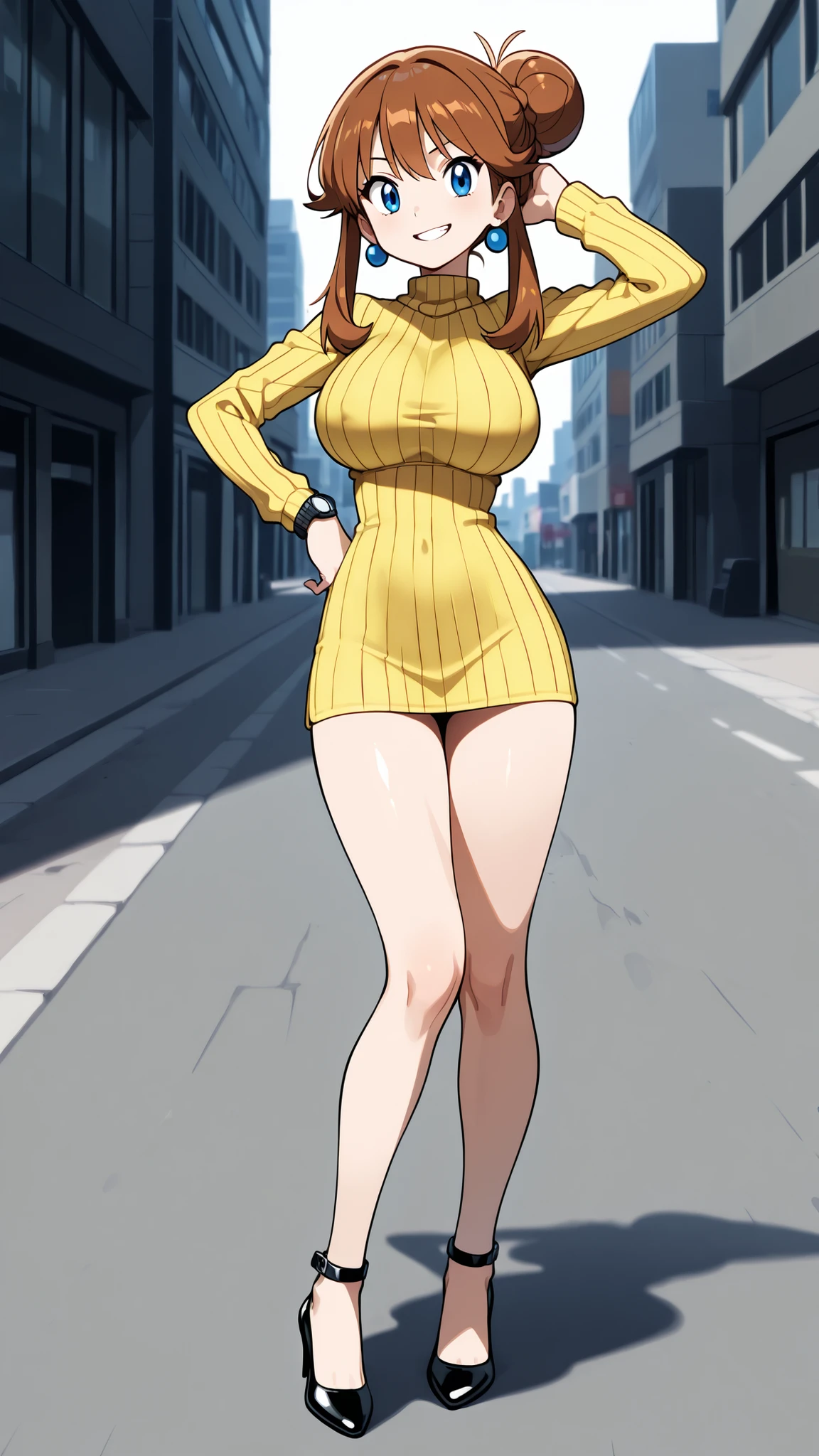 adult older sister, Tall, big boobs, left hand on hips, bare hands, Yellow Long Sleeves Vertical Striped Sweater, thighs, Beautiful legs, Beautiful legs, black high heels, ((top quality)), ((masterpiece)), ((details)), slim sexy body that can be licked by mobs, standing, 1girl, two legs, two arms, orange brown hair color, bun hair, blue eyes, anime coloring book, 1 woman, Age 18, A determined smile, teeth, watch viewers, blue earrings, Three idiot hairs , bangs, Full Body, City, Sidewalk, (\Pokémon\), score_9, score_8_excellent, score_7_excellent, score_6_excellent, Source_anime, Cell Shading, gradation background, vector,   