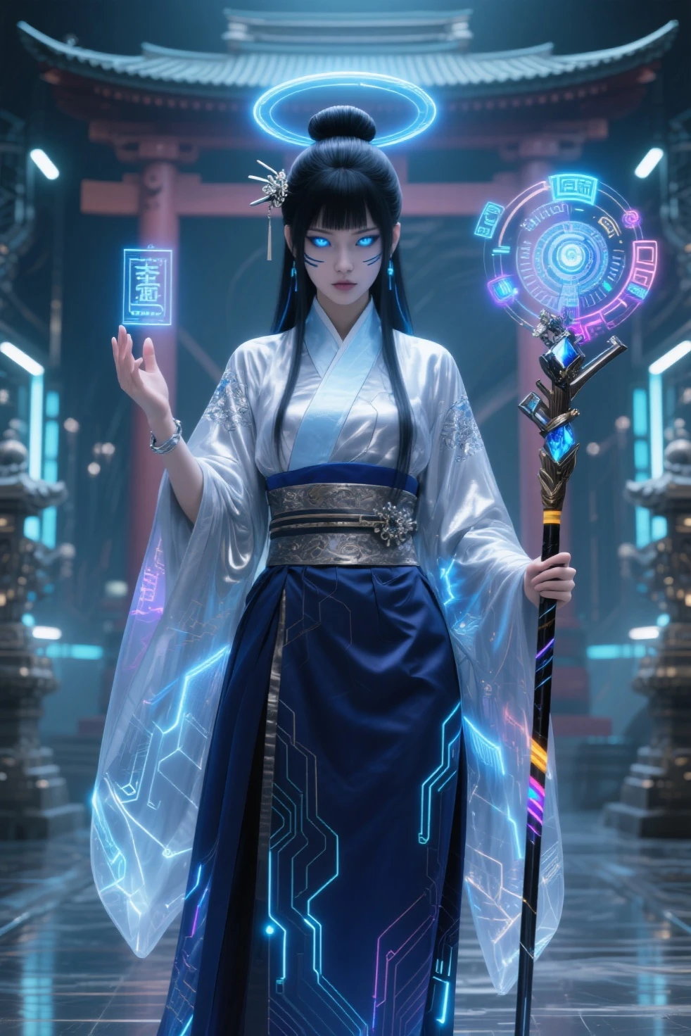 A cyber shrine maiden stands gracefully within a futuristic, ethereal temple, its architecture a fusion of traditional Japanese design and gleaming chrome, pulsating lights, and intricate energy conduits. Her pose is one of serene power, one hand delicately raised as if channeling energy, the other gently resting on a staff. Her attire is a breathtaking blend of flowing, translucent silks in deep indigo and shimmering silver, interwoven with luminous circuitry that glows with a soft, internal light. These circuits trace elegant patterns across her sleeves, along the hem of her hakama, and around the high collar of her kimono-style top. Her hair, a cascade of midnight black, is adorned with delicate, almost invisible optical fibers that subtly illuminate, creating a halo effect. A singular, ornate digital "kanzashi" (hairpin) with a miniature, rotating holographic display depicting ancient symbols rests within her bun. The staff she holds is not wood, but a sleek, polished obsidian-like material, embedded with a crystalline core that pulses with vibrant, shifting colors, and at its tip, a complex array of miniature, rotating gyroscopes and energy emitters. Her eyes, framed by subtle, metallic facial markings, are a striking electric blue, with faint, almost imperceptible digital readouts flickering across their surface, suggesting a deep connection to technology. The air around her shimmers with the visual distortion of a nascent holographic spell, manifesting as intricate geometric patterns and flowing script composed of pure light. The temple's floor reflects these light patterns, creating an illusion of walking on a digital sea.