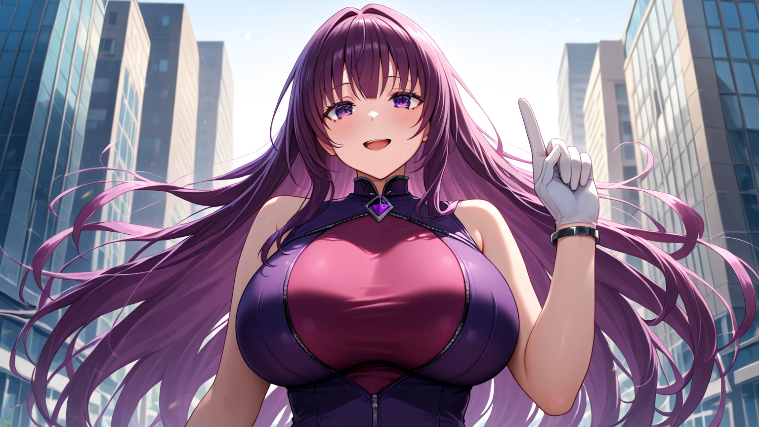 Fox Girl, Large Breasts, voluminous purple hair, Intake, masterpiece , Red eyes, hd, Head to Chest, buried in my chest、Underboobs、Double teeth, Cheerleader