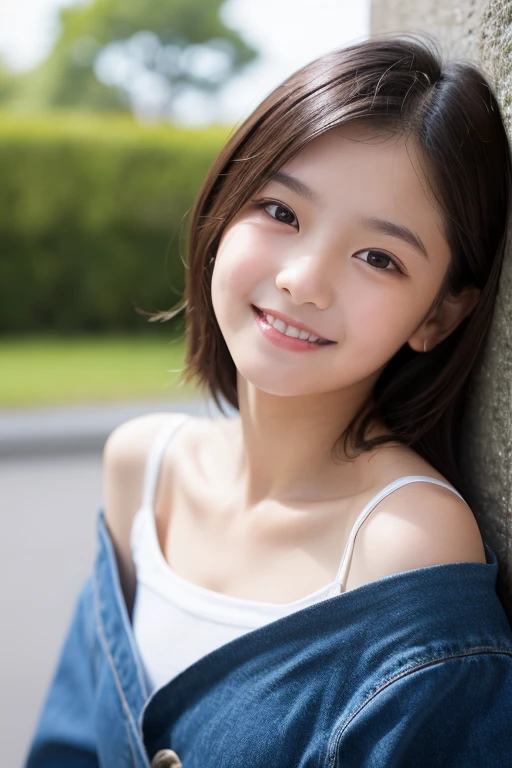 masterpiece High resolution Female student Delicate face Deep-set eyelids very cute natural atmosphere A clear smile Shiny and moisturized skin Fresh breeze boyish 15 years old Shortcuts Dimples Mole Tanuki face Tank top Plump Put your ear to the ground Listen to the sounds Thick legs mysterious Fairy-like