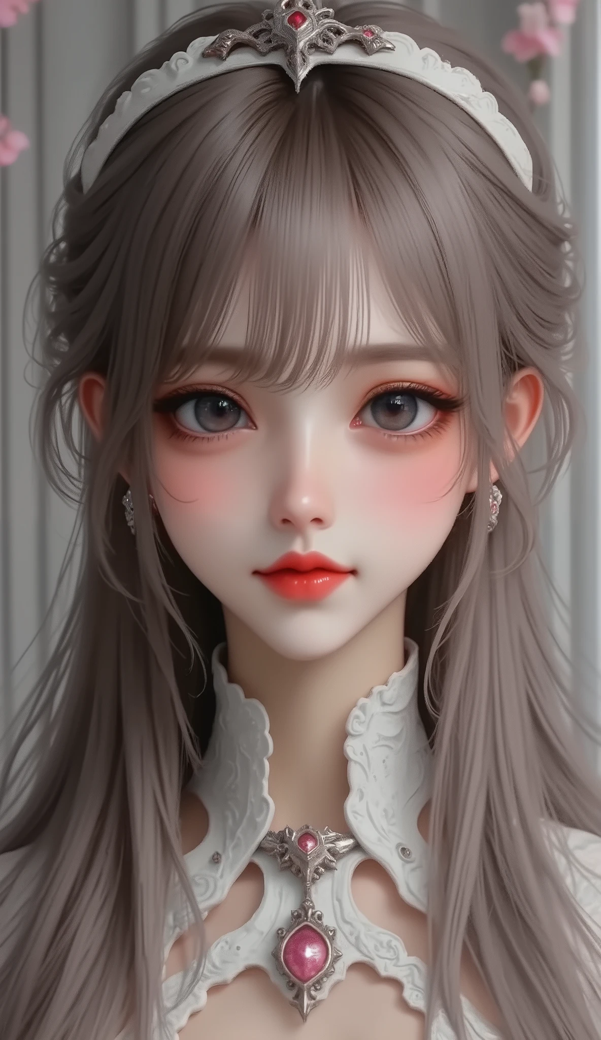 masterpiece, best image quality , 4K, Mecha, headband on top of head , long hair, ash grey hair, cyberpunk,Shrine maiden, Achieve depth of field, blurry background,