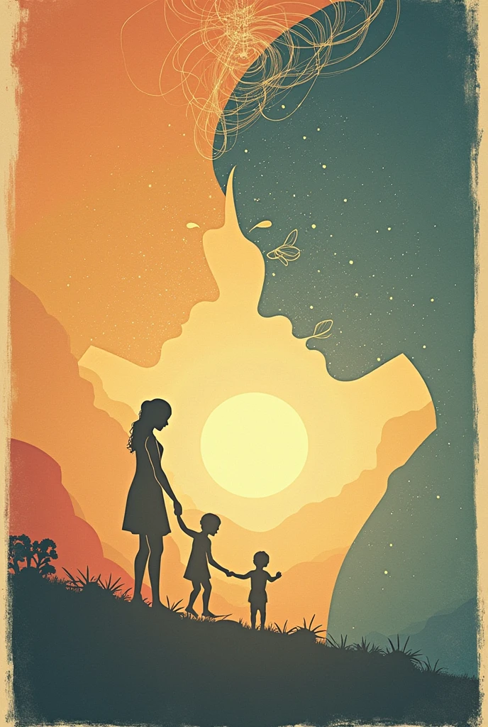 simple landscape (sem muitos detalhes, but with gradient colors), SIMPLE SILHOUETTES of a woman and two children sitting in a bubble