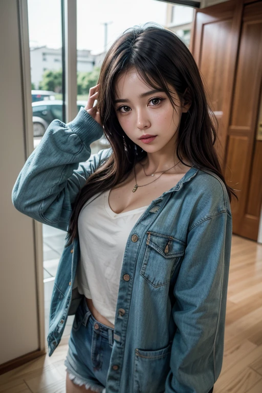 (RAW shooting, Photoreal:1.5, 8k, highest quality, masterpiece, ultra high resolution), perfect dynamic composition:1.2, Fight:1.2, Highly detailed skin and facial textures:1.2, 1girl:1, asian girl:1,Glamourous female with a purse, beautiful and aesthetic:1.2, sexy beauty, perfect style, belief, Strong-willed, revenge, Fair skin, very beautiful face, (large breast, Chest gap), (wearing a sexy casual fashion:1.2), (beautiful eyes, Eyes that feel beautiful eros:1.0), (Too erotic:0.9, Bewitching:0.9), (full body photo:1.2), (perfect limbs:1.2), (perfect fingers:1.2),(tied shirt, denim shorts sneakers, long hair, navel),(simple background:1),(knees together),