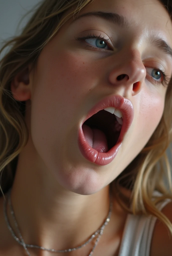 A young teen with blonde hair is sweating naked with open mouth and drools