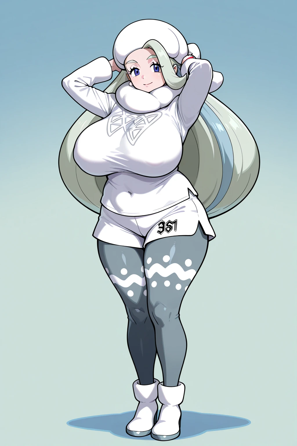highest quality、masterpiece、High resolution、Pokémon、melon、Features voluminous silver hair with light blue mesh。 A uniform with a white-based design, typical of a snowy region, with a white collar and hat.、wearing earrings。 The uniform worn by female gym trainers is knee-high socks and sneakers.、melonはタイツと白いロングブーツになっている。 Kirks Town Gym Leader、User of ice type Pokemon。The Ice、spartan guidance、「fecundity」、When releasing Kyodai Max(Among the gym leaders)Only she has a heart effect added.。long hair、blue eyes、big breasts、Stimulation、(Plump、Plump:1.3)、white cast、Fur hats、mature woman、wide hips、round face、big butt、big butt、thighs、pantyhose、long hair、shorts、white footwear、shortsの下のレッグウェア、white hat、Fur hat、mature woman、white sweater、long sleeve、white scarf、