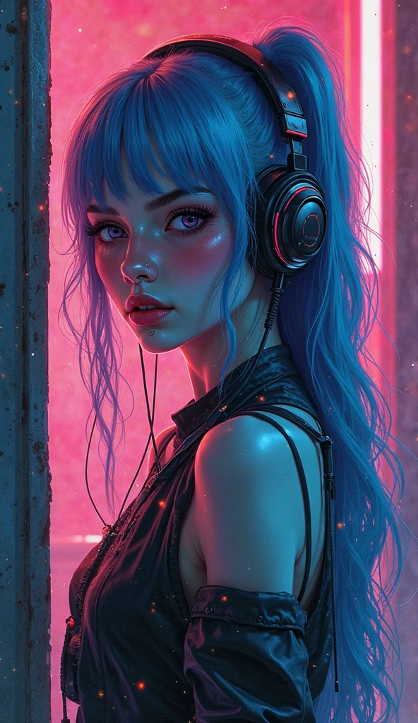 (Close-up of a better masterpiece: 1.5) 0.9], (Garota synthwave defined body, perfect muscles, huge breasts: 1.2) (long curly BLUE hair, Wearing Headphones: 1.1) (Xanthochromia, Heterochromia and red eyes: 1.2) (wearing a purple jacket: 1.0) (thick lips: 1.0) (background a dark and rainy futuristic city: 1.1) high definition, in detail, 4K