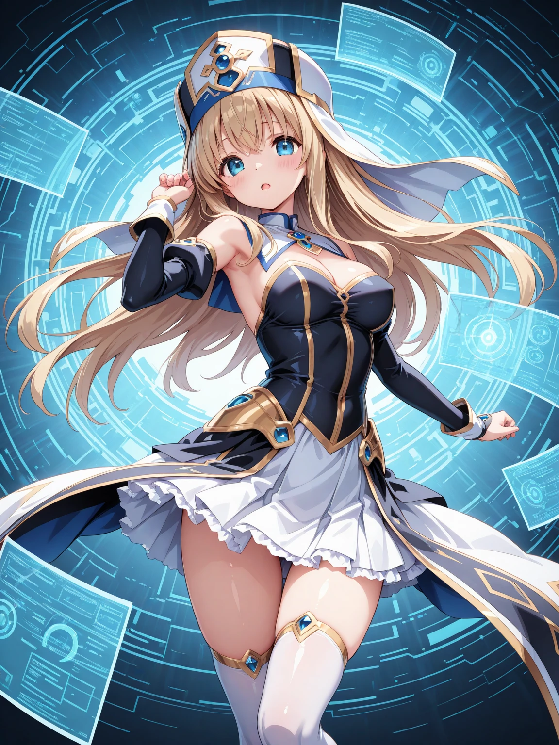 pop idol girl, long flowing blond hair, icy blue eyes, wearing a slightly revealing (mecha themed) pop idol stage costume, full body in frame, standing on stage performing