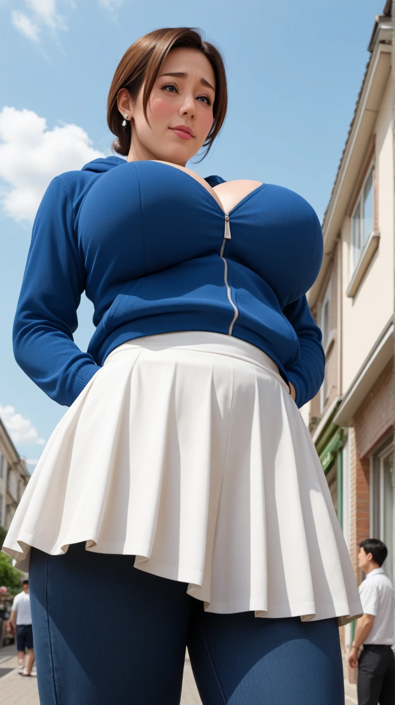 NSFW, ((Best quality)), ((8K)), ((Masterpiece: 1.3)), (Perfect appearance), (Photorealism: 1.6), (woman walking on cobblestones), Japanese woman, (38 years old), married woman, ((realistic skin texture)), (fine lines all over the skin), dullness, lack of moisture, wrinkles on the face, wrinkles at the corners of the eyes, double eyelids, crying moles, Her lips are thinly parted, the corners of her mouth are raised in a gentle smile, dimples, short bangs, short hair, small breasts, small nipples, soft fabric blouse, wide sleeves, Cuffs that fit your wrist, (The hem of the blouse is tucked into the skirt: 1.2), long tight skirt, (Long skirt that is tight around the hips: 1.2), ((full body)), (gigantic breasts:1.3), curvy body,