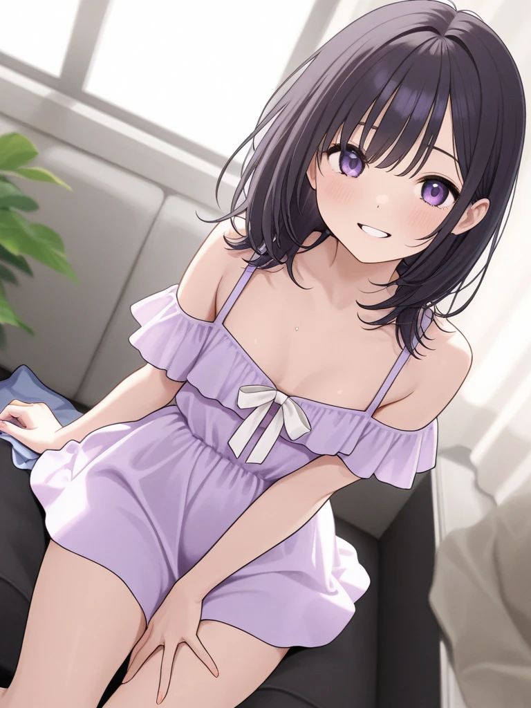 finger to mouth,from front,front view,looking at viewer, looking ahead,from above,cowboy shot,1girl,Beautiful 11 year old girl,Japanese,Slender,,low length,Small breasts,Thin legs,Small Ass,Baby Face,Small face,Black Hair,Row Twin Tails,Gray Eyes,Drooping eyes,middle School girls,A see-through black and purple negligee,Sexy Lingerie,open mouth,tongue out,front face,Kneeling,Straight Stand,Beautiful and detailed anime art,Mischievous smile,Sexy vibe,cum on tongue,Dimly lit room,On the bed,Simple Background,Gray background,Low lighting,
