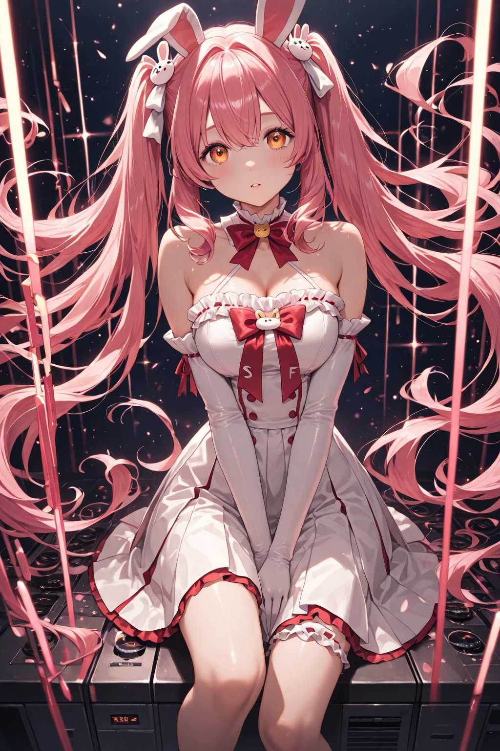 Full-body depiction on screen,　Very little girl　Very short stature　Very large breasts　Very large and swollen breasts　Two very large bulges in the chest　Blushed　Small Mouth　Clothes that got wet in the rain and became transparent　Clothes are wet with sweat and transparent　Shiny skin　衣類がRubber luster　smile　Frowning　Embarrassed expression　A very dark room in the middle of the night　Baby Face　clear　Pathetic　beautiful girl　Background of the auction venue　Hot pink round bed rubber　Sitting　Wet and see-through shocking pink long sleeve rubber　A shocking pink rubber super long skirt that becomes transparent when wet　super curly hair　Super long sideburns　A shocking pink rubber frill dress that becomes transparent when wet　A shocking pink rubber super long skirt that becomes transparent when wet　Wet and see-through shocking pink rubber stockings　Shocking pink rubber extra long gloves that become transparent when wet　　hot pink garter belt　Beautifully decorated clothing　Patheticなbeautiful girl　Big eyes　Big eyes　Droopy eyes　Shocking Pink Rouge　Shocking pink rubber long boots that become transparent when wet　My whole body is wet with sweat　The whole body is wet from rain　See-through clothing　Platinum blonde super long hair　The skin is wet with sweat　My skin is shining with the rain.　Sweat makes clothes stick to the skin　Rubber luster　See-through late night　moonlight

