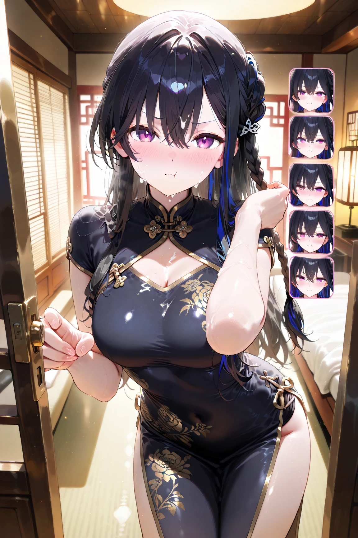 obra-prima, 1girl, solo, cabelo preto, boob exposto, kalap, light_smile, ofuda, vestido da china, raised arms,