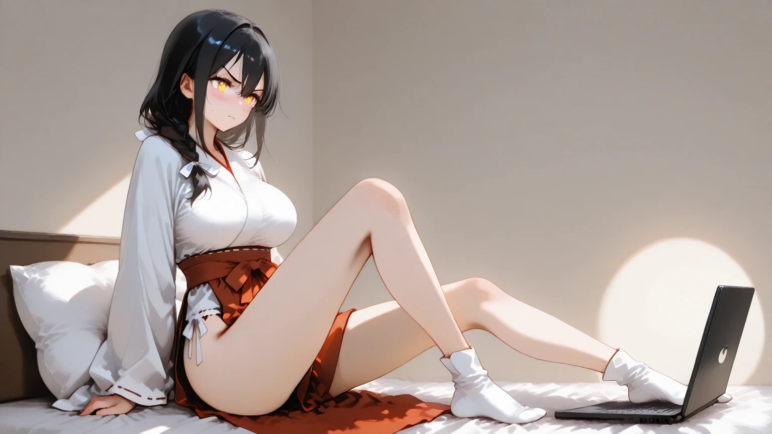 one girl、kaguyashinomiya, kaguya shinomiya, folded ponytail, amount, hair ribbon, (red eyes:1.5), red ribbon, ribbon, short hair, side lock, (small breasts:1.2), break looking at viewer, break indoors, classroom, break (masterpiece:1.2), highest quality, High resolution, unity 8k wallpaper, (figure:0.8), (detailed and beautiful eyes:1.6), highly detailed face, perfect lighting, Very detailed CG, (perfect hands, perfect anatomy)、fall down on the bed、It&#39;s fallen down、A system where the face can be seen from between the legs、Open your mouth wide、it&#39;s coming、a wistful face、sigh、embarrassed expression(1:2)、heavy breathing、racy underwear、See-through underwear、(((open your legs wide)))、sit、lie down on the bed、red bed