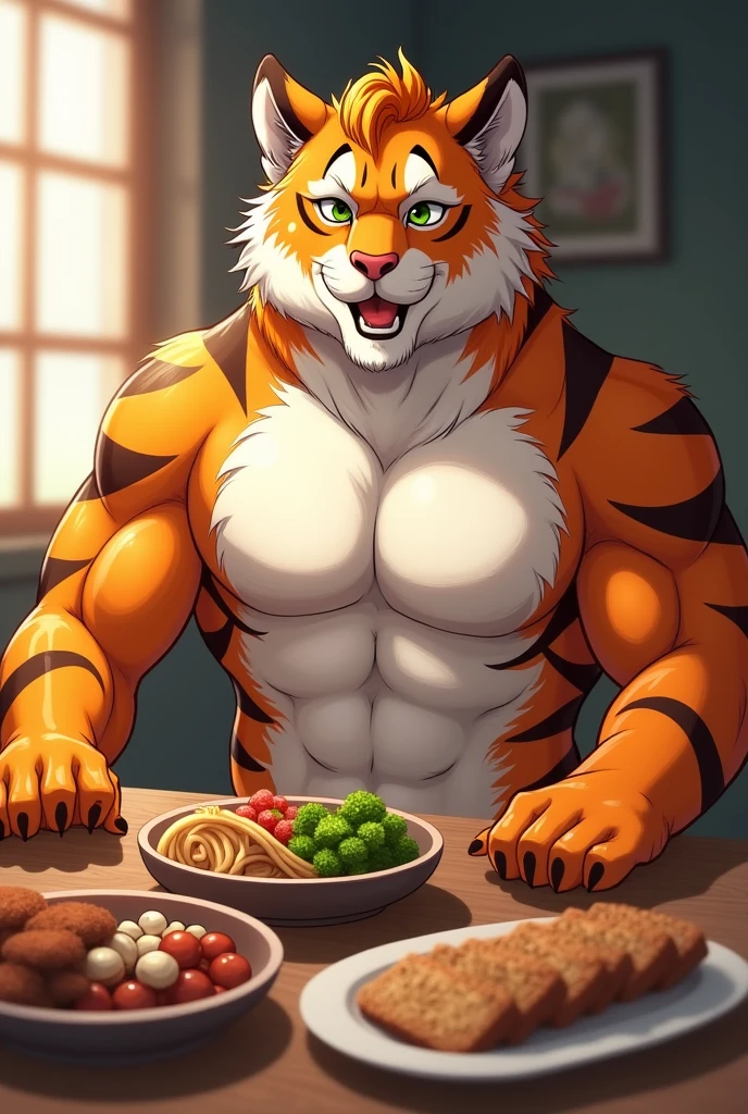 masterpiece, best quality, 8k resolution, Very detailed, hairy,tiger,strong,Strong,Muscle lines,Super Muscle,Round Face,Red hair,Shirtless,Loose fitting bathrobes,Open your mind,looming,Purple pupils,Blushing,Raised crotch,hostel,beer,Drunk,Highest quality scene,Shameful,For the audience,laughing out loud,cheers