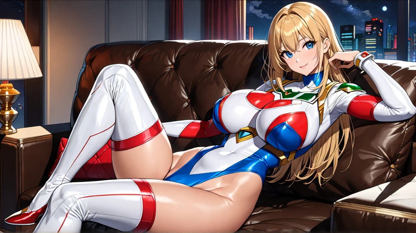 2D Illustration, Anime-style,(((((Very gigantic-breasts,sagging tits,big long breasts, extremely thick thighs,extremely big ass))))), ((The upper part of the body、close-up of one person, Looking up at the person from below)), (((Squatting)))),fascinated expression, Looking at the camera, Beautiful Girl,(((35 years old,Sexy mature madam,A MILF))), Blonde, Blue-eyed,((((Wearing a bodysuit with dense red and white stripes all over the body,Pilot suit like a bodysuit,She is in the cockpit of a large robot,)))),equipped with collars, high-heels,Wet body, Wet clothing,atmosphere of night, Starry sky, Starlight,Giant planets in the sky, Ambient Occlusion, Halation,Blonde Thick long hair braided sideways,Steam from the crotch, urine stains in the crotch,She is standing with her legs spread wide,She is hiding and urinating,She's climaxing with a sexy look on her face,Pubic hair, Glowing skin, Excretion, Pee patience, Beautiful eyes, depth of fields, High definition CG unified 8K wallpaper, masutepiece, Detailed background, Dramatic Angle, dramatic pose, Fluttering hair,Perfect Detail, Realistic skin texture, cleavage, realistic details face, crotch urine, Crotch cleft, Crotch muscles, Wet crotch, pee, Crotch cleft, Wet crotch, erection, waterfall from crotch,Pissing like a waterfall,