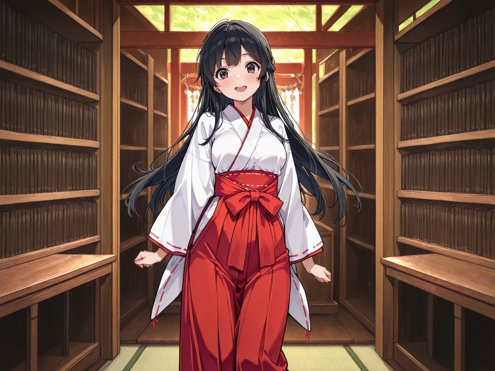 jyojifuku, miko,red hakama,A woman dressed as a shrine maiden　long black hair　make your whole body visible　Smiling at me