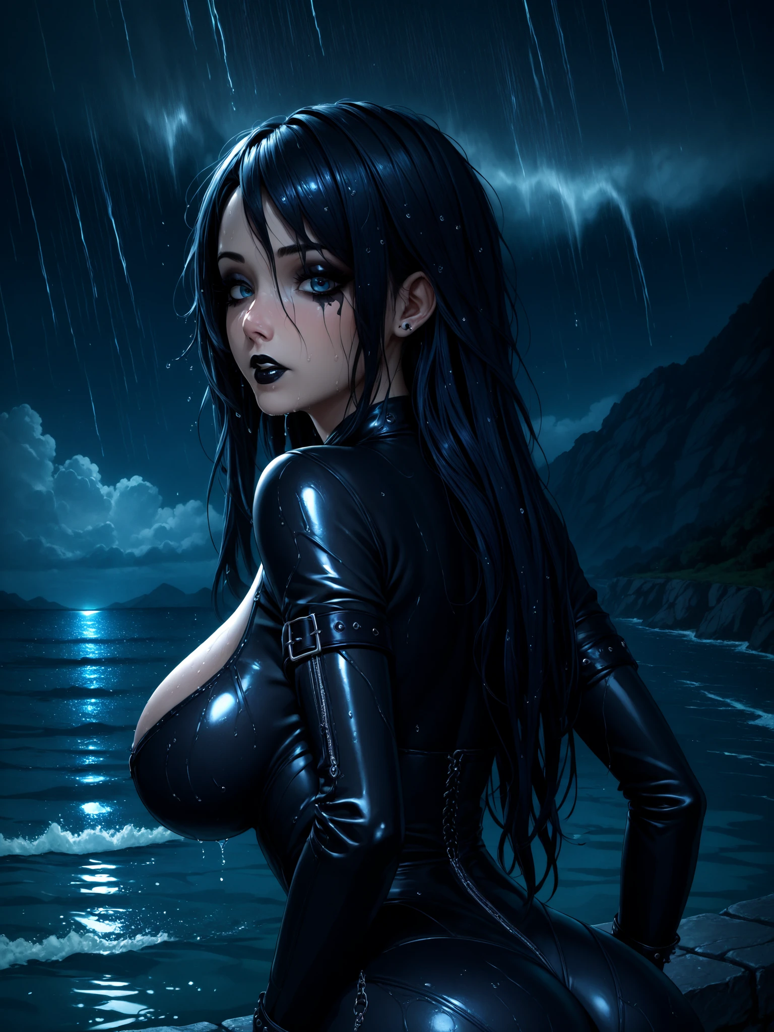 Best quality, extreme detail, young woman standing alone on a cliff, young woman standing with her back to the cliff, night, storm, very cloudy, heavy rain, strong waves, emo, gothic girl, body completely wet, (upper body bent forward), (buttocks sticking out), black make-up, black lipstick, black wild long hair, wet hair sticking to the body, sweet face, wild look, extremely large breasts, (F90), (wide hips), young woman is slim, her eyes are inviting, she looks at the viewer like a sin she finally wants to commit, (young woman wearing black sexy gothic leather suit),