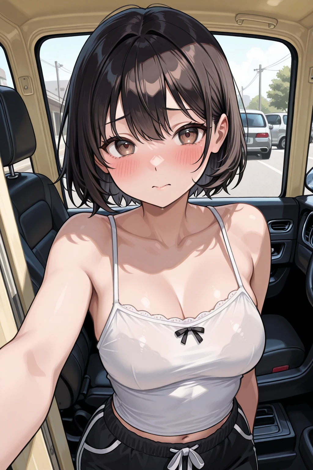 Masterpiece, top quality, high resolution, solo, big breasts, indoors, misaligned bra, thong, (reach: 1.2), lying down, from above, open arms, angry, bed, disheveled underwear, heavy breathing, sexual expression invite,kobeni higashiyama, cameltoe