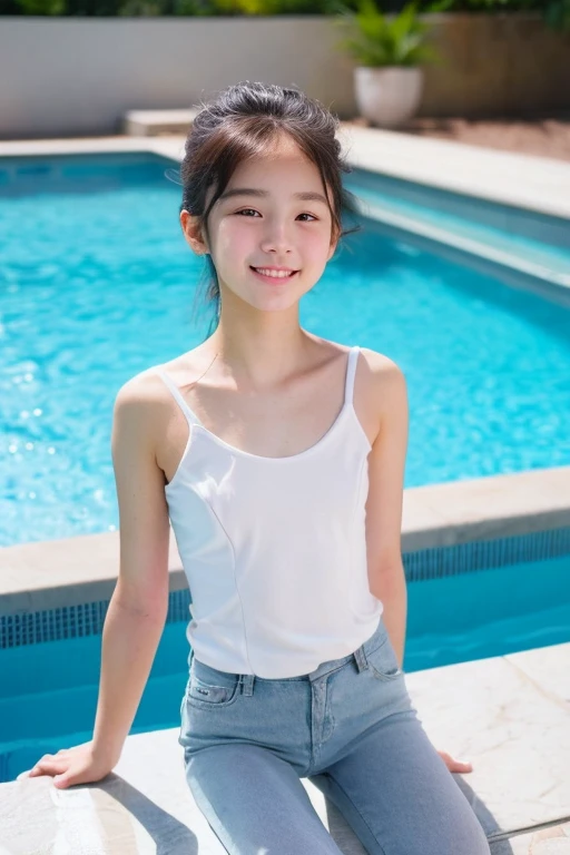 1 pretty girl，white skinned，brown  hair，looking at viewer, beautiful small chest, France, pony tail, happy smile, sports, swimming, walking, dynamic, blooming tree, beach, pink skirt, sexy pose