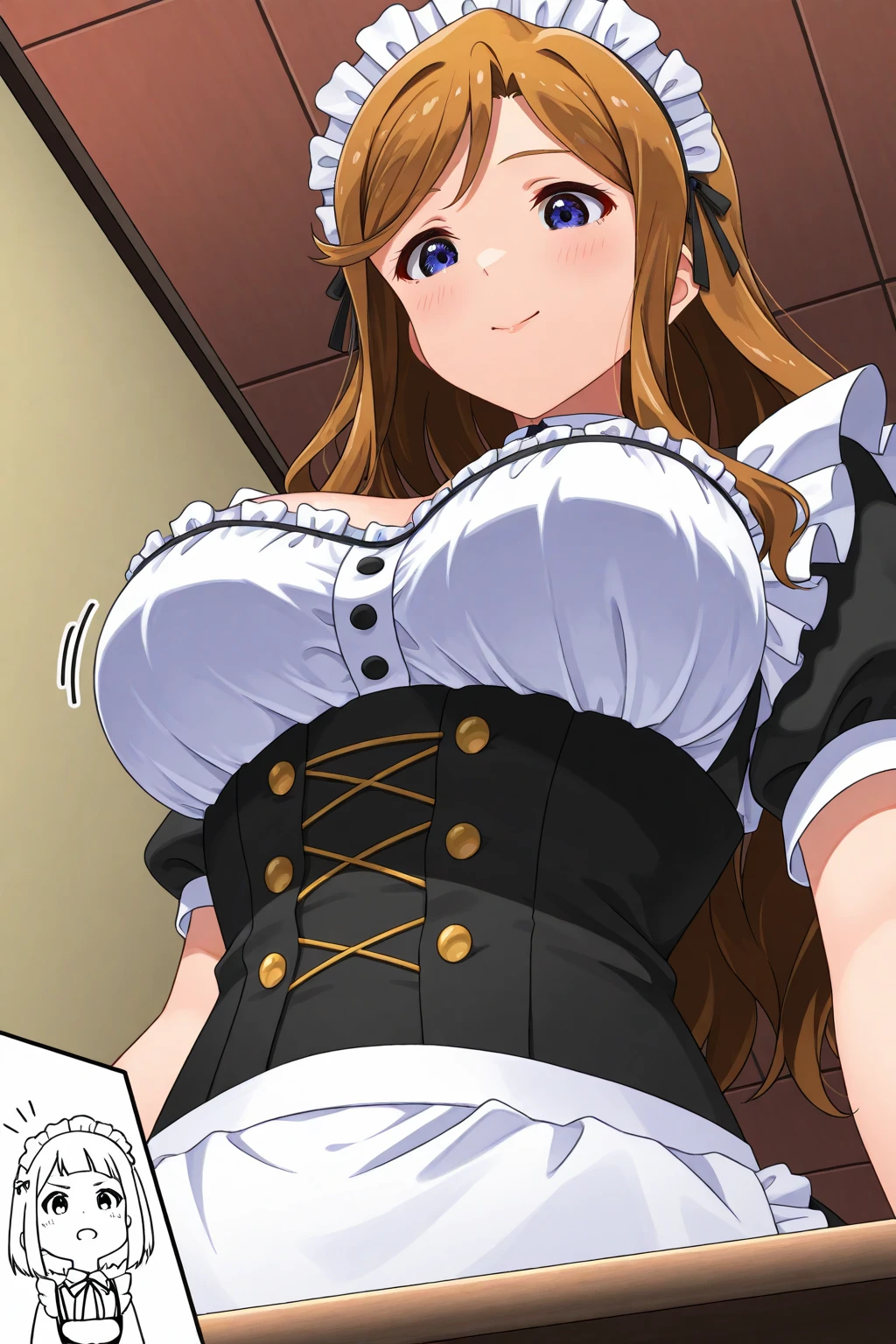 a cartoon of a maid giving a man a blow, , anime maids riding starter tanks, military ss anime maid, (sfw) safe for work, Oppai, will do, fujita goro!, doujin, kawai, by Shingei, umineko, our species, by Kamisaka Sekka