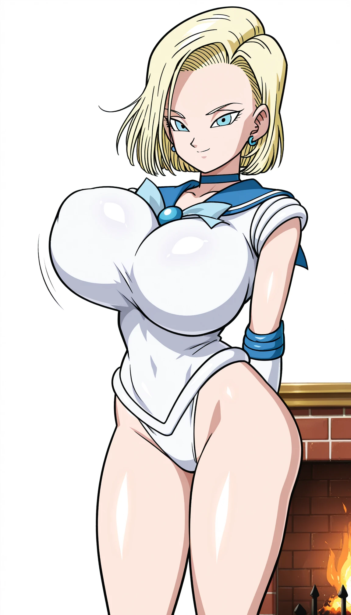 ritsuko, makeup, pink eyeshadow, blonde hair, ritsuko hair,  short hair, miniskirt, beautiful, (masterpiece:1.2), (best quality:1.2), perfect eyes, perfect face, perfect lighting, 1girl, cropped legs, curvy, Sailormoon outfit, exposed midriff, white crop top, Chest bow, long gloves, White Thigh-highs, choker, hand on hip, huge breasts, smile, solo, thick thighs, Point of view from below, Can be seen under mini skirt, Exposed panties, showing panties and super tight thong
