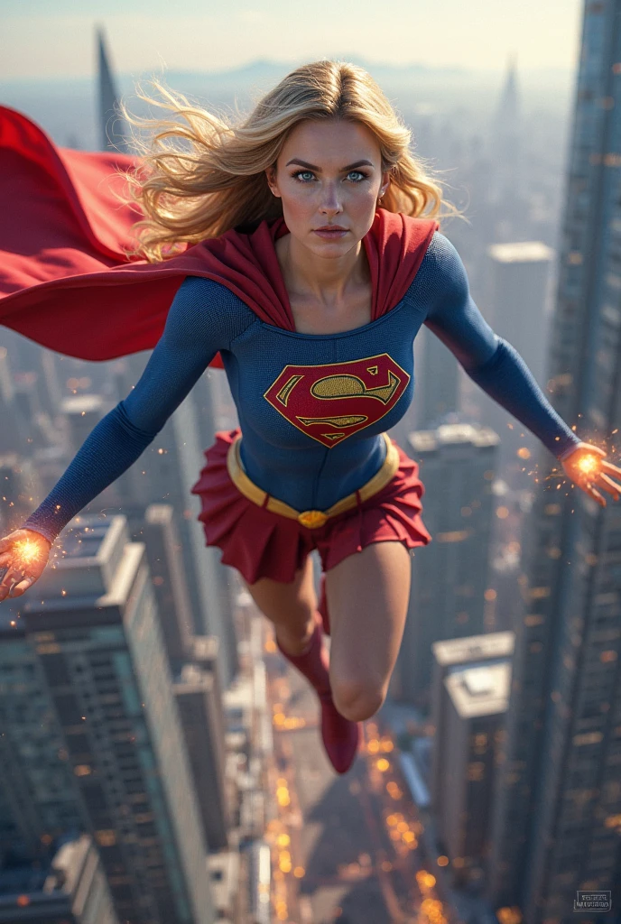 DC movies,full body,from below,photo of a 18 year old girl,supergirl,running,happy,laughing,ray tracing,detail shadow,shot on Fujifilm X-T4,85mm f1.2,depth of field,bokeh,motion blur,<lora:add_detail:1>,