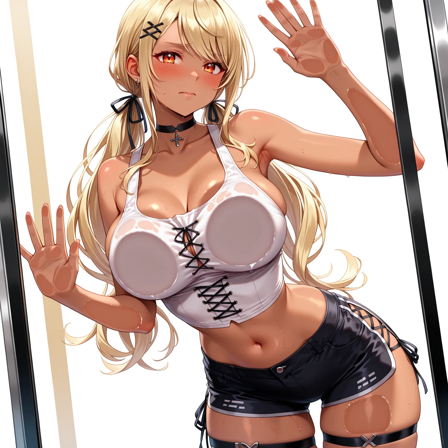 Super detailed、Highest quality、Best image quality、masterpiece、8k、(shoulder-length blonde hair、Medium Long Hair)、(laugh:1.3、Open Mouth) 、(cheerful)、(tareme)、(tareme)、(big eyes)、(Beautiful shining eyes)、(High Detail Anime Eyes)、(puffy eyes)、(Big Tits:1.5、topless:1.3)、((SFW Huge Body))、(((Rear View)))、Cowboy Shot、(Thong、カルバンクラインThong、ckundies)、(A woman is showing her buttocks towards you:1.5)、(Beautiful ass)