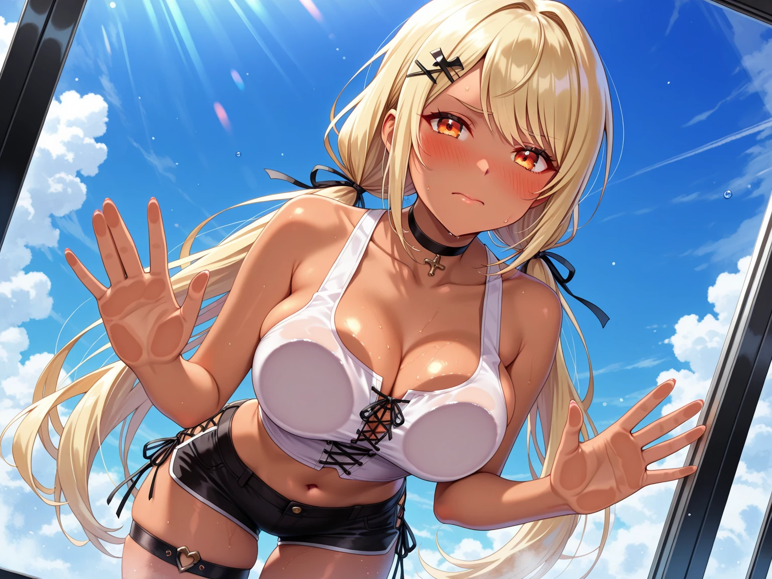 1 beauty, (Light Purple Eyeshadow),Platinum Blonde Perm Hair、(broad shoulders:1.4)、(Smaller face)、(pointed breast:1.6)、Model body type:1.2、(She jumps on both feet:1.4)、frombelow、Sharp eyes、Watery Big Eyes、(Wide-eyed and surprised face:1.2)、Wet whole body, ((Champagne Gold Bikini Swimsuit:1.4)),(wet and disheveled hair,:1.4)、(Heavy sweat on the face:1.2), Splattering splashes shine:2, fine splashes on the body、(facefocus:1.4)、(Platinum necklace and large earrings)、Sandy beach at dusk:1.4