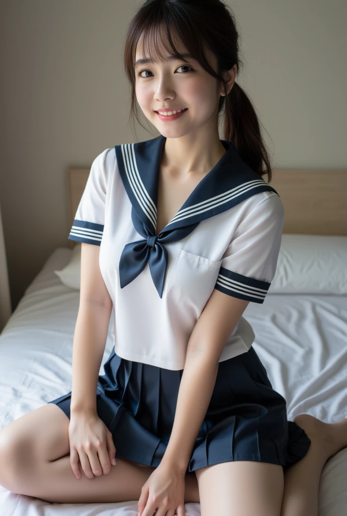 Japanese student uniform、a sailor suit、a junior high school student、I fall down and see her panties..、I can see panties.、a bed、Fell down、