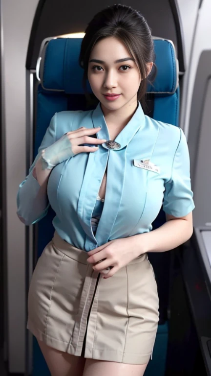 (The Ultimate Beautiful Japan Married Woman), 50s, hyperdetailed face, Detailed lips, (big eye:1.4), Double eyelids, Short brunette hair, (grin)、(White Molded Teeth), (cparted lips), ((Wearing the blue uniform of a flight attendant:1.4))、((large full breasts)), thighs thighs thighs thighs、(Cowboy Shot:1.3), Perfect fit, depth of fields、Perfect image realism, Background with:((On the plane))、Meticulous background, detailed costume, Perfect litthing、Hyper-Realism、Photorealsitic、8K maximum resolution, (masterpiece), ighly detailed, Professional