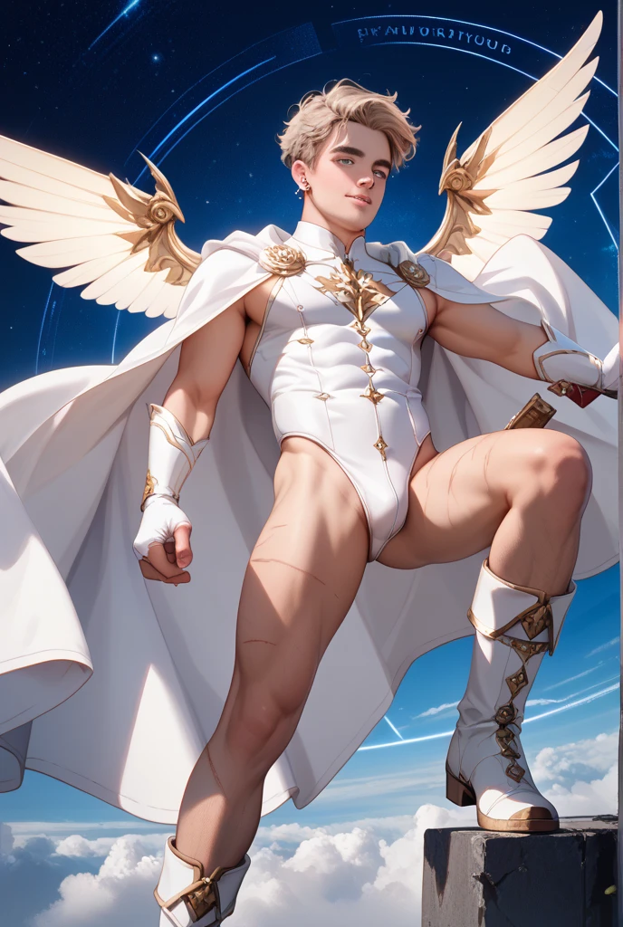 (nonsense, High resolution, very detailed, HDR), Masterpiece, best quality, A drawing of a boy, handsome man with red eyes, detailed face, professional photos, An Arav man enters the fight shirtless., Fight comfortably，legs open, (Swollen nipples(from below:1.1)), Focus on your audience,18 year old boy, handsome man, [ well defined body ]，abdomen，chest muscles，Big bulge，angel，wing，feather，cloud，cloud,((((Convex crotch)))),He was wearing blue crystal boots with a gold pattern.,wearing a crystal necklace,Wear tight-fitting white mesh shorts.
