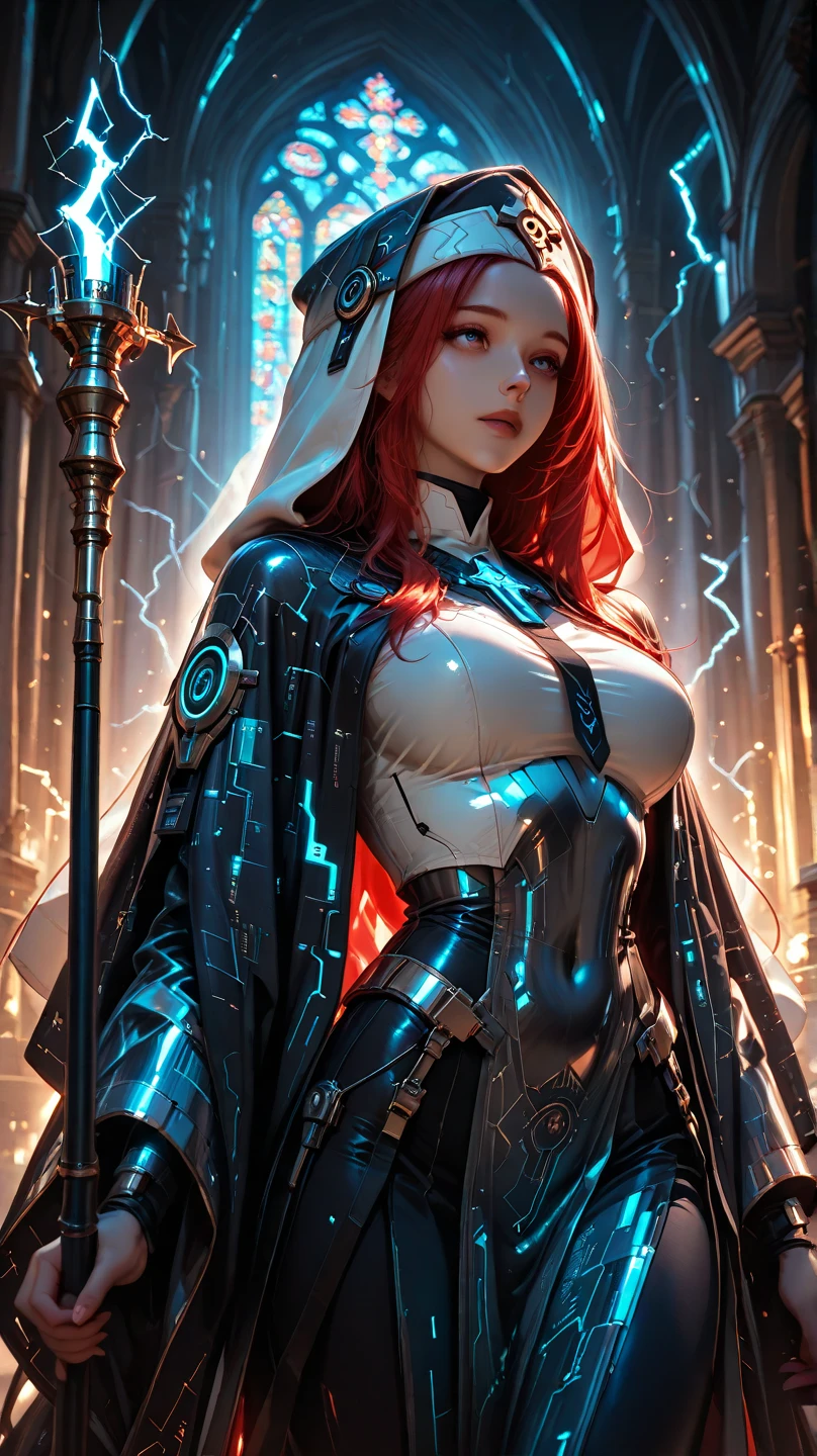 Beautiful young woman with white conceptual dress with big red cross on dress, cape, hood, (Templar style), runic tattoos, long reddish hair, sculptural body, perfectly blue and beautiful eyes, luminous painting, ultrasharp, realistic, 32k