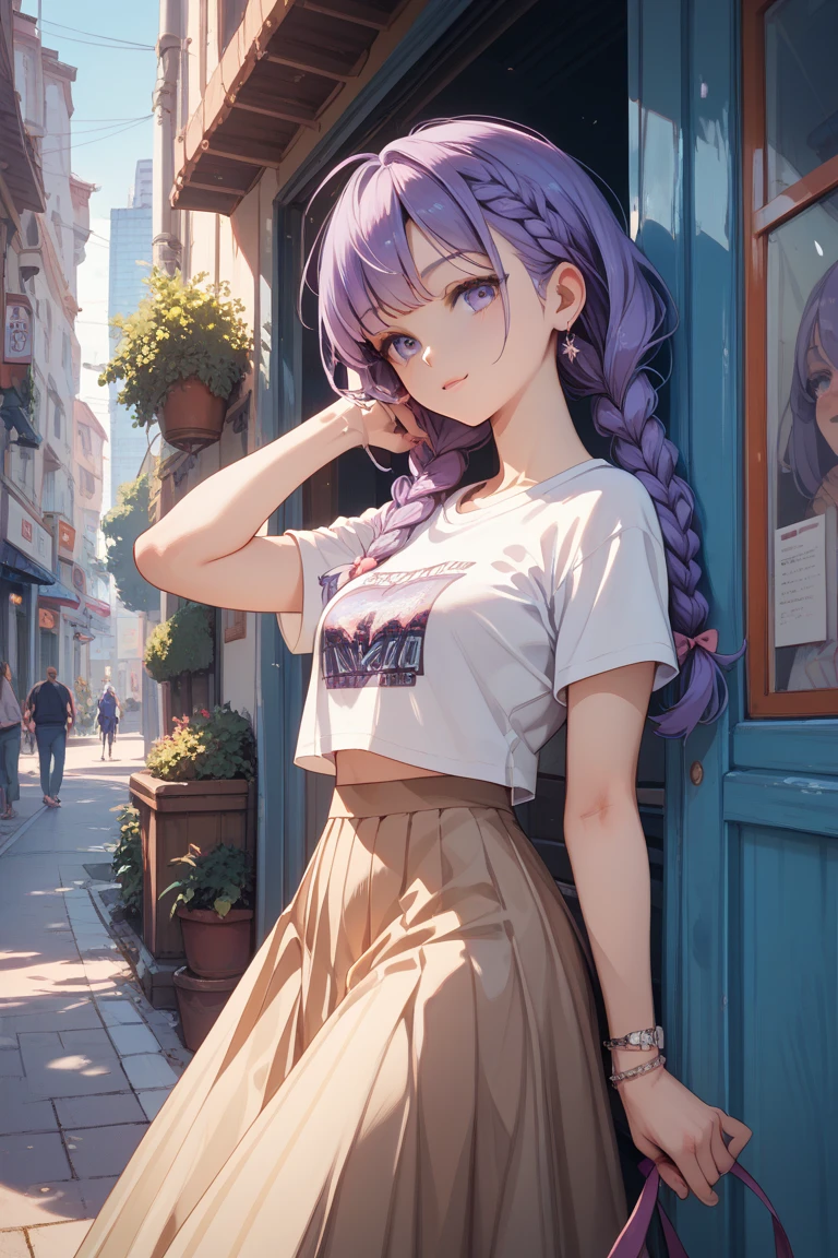Top quality, high resolution, perfect human structure, background focus, front view, purple hair, smile, cat ears, french braid, crazy eyes, shirt, jeans