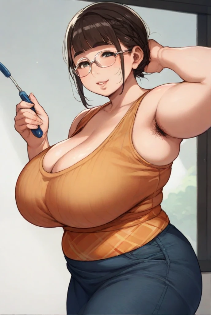 score_9, score_8_up, score_7_up, source_anime, BREAK, (((yew))), , brown hair, black eyes, glasses, 1girl, plump, thick, large breasts, tank top, jean shorts, popsicle in mouth, sitting, cleavage