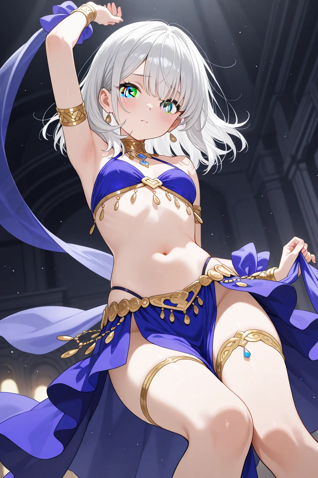 female up,Dancer,Brown skin,Arabian,Moonlit Night,Bonfire,Toned body,Silver Hair,Short Hair,Blue Eyes,twins