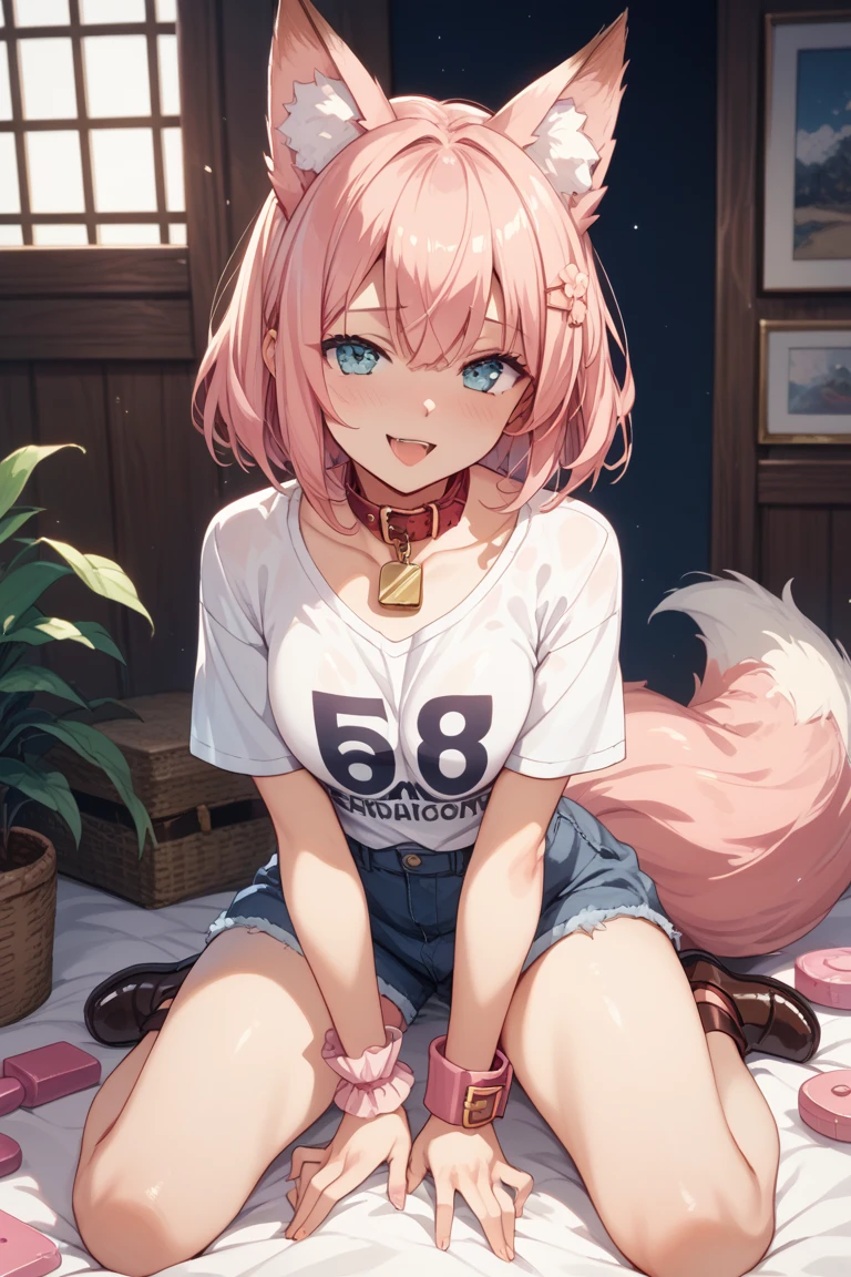 One girl anime styled。girl with。Blue eyes。 in estruig fox Tail。Looking at the camera,fox ear, pink hair, white crop top, fox tail, girl 18 old , utral light, sitting in the bedroom,hair hair, wear pantie, wear dress, salon,Wet and see-through、cute little、blushed、Chest cleavage、thighs thighs thighs thighs、No bra、witheout panties、high-level image quality、Vivid、high detailing、(( breast: 1.2)), ((blush face: 1.3)),((wet clothes:1.5)),wear white legwear,pink bikini,,((peeing:1.5)),((blushing face:1.4), (heart-shaped pupil:1.4), (sweaty:1.5), open months, ((full body))