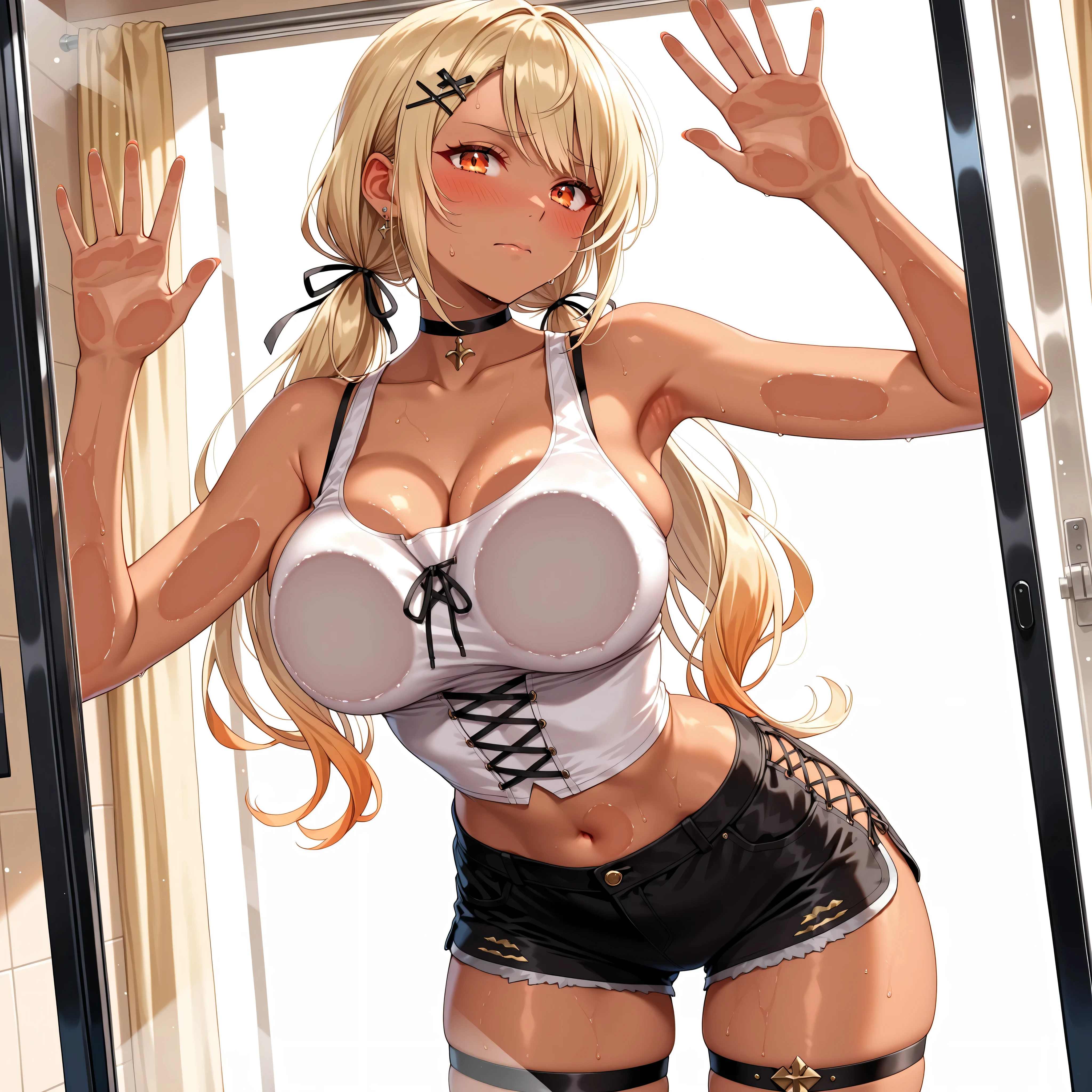 solo,masterpiece,best quality, masterpiece, Super detailed,High resolution,Extremely detailed CG,QpiCos1 dark skinned female, orange eyes, blonde hair, long hair, low twintail, hair ribbon, hairclip, choker, white shirt, midriff, black shorts, thigh strap,medium ,white tank top, cross-laced clothes、cleavagbreasts,(masterdetailed:1.2),against glass,breasts on glass、cheek press、embarrassed
