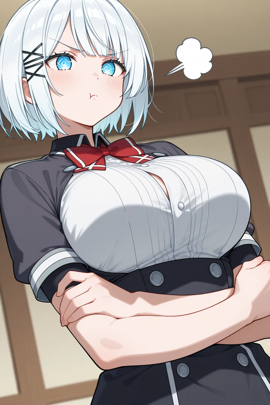 slutty _school_girl_ sitting on desk in classroom, greasy short white hair, parted lips, suggestive gaze, shameless, handing over her panties, BREAK steamy atmosphere, front light, dramatic shadows, dominating steam, greasy atmosphere, cold-blue tones, complementary colors