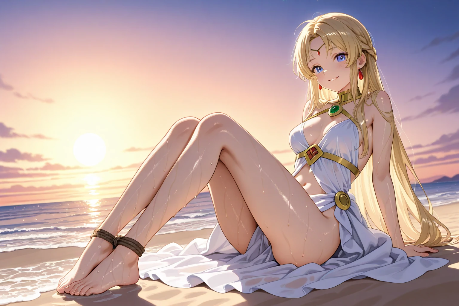 ((1girl, solo, grass, nature background, tall elf, no panties, masterpiece, best quality, bracelet, celestine lucullus)), green eyes, very wide-eyed, skinny, floating hair, big pupil, blush, seductive, black outline, blonde hair, straight hair, seductive eyes, mature female, very long hair, lace up heels, ((looking at viewer, seductive pose, from below, sitting, cleavage, Beautiful large breasts, laurel crown, slim thighs, o-ring, circlet))