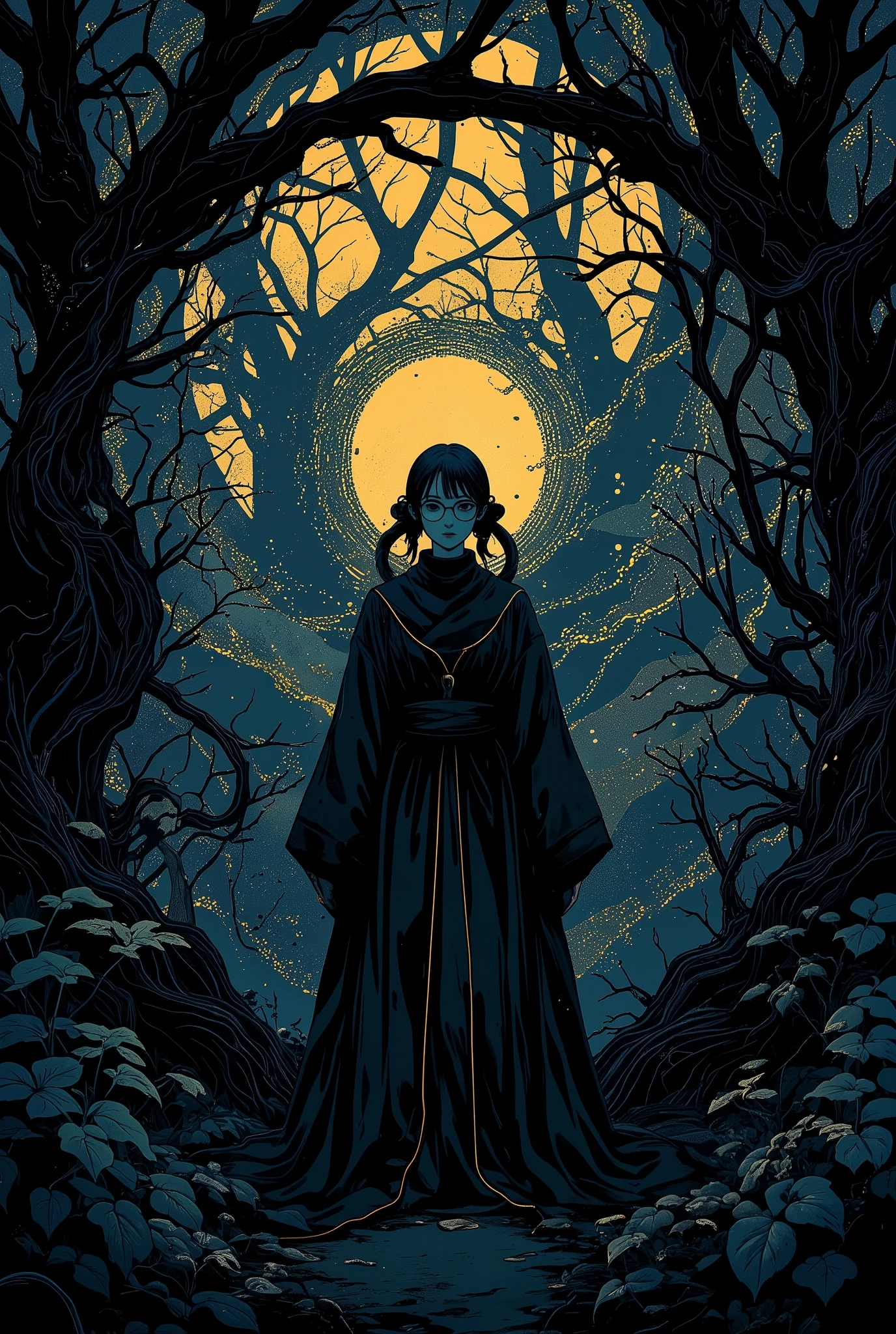 (Tarot card: 1.0), Cyberpunk hacker nerd girl in priest's robes standing in dark forest, Japanese girl, violet eyes、glasses, poufy twin tails、encircling tree々Vines、Multiple fragmented computer code symbols floating around、一貫して pattern化された作品、Projected Shadows、 minimalism、Brilliant Color Palette、deep blue and gold color scheme、Dark Fantasy Illustration、mute light、 Mysterious and Fantastic 、An atmosphere that makes you feel uneasy、surreal、illustration style、A beautiful digital fantasy、Best Quality、masterpiece、