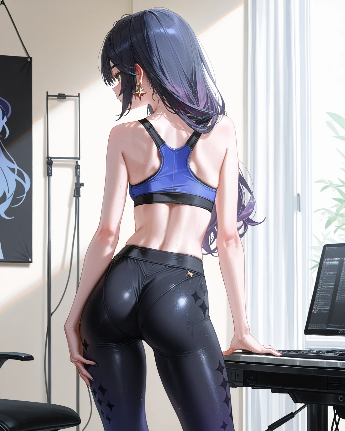 (masterpiece), best quality, expressive eyes, perfect face, Girl,long dark iridescent hair, iridescent eyes, small waist, small breast , large thighs,large ass,office