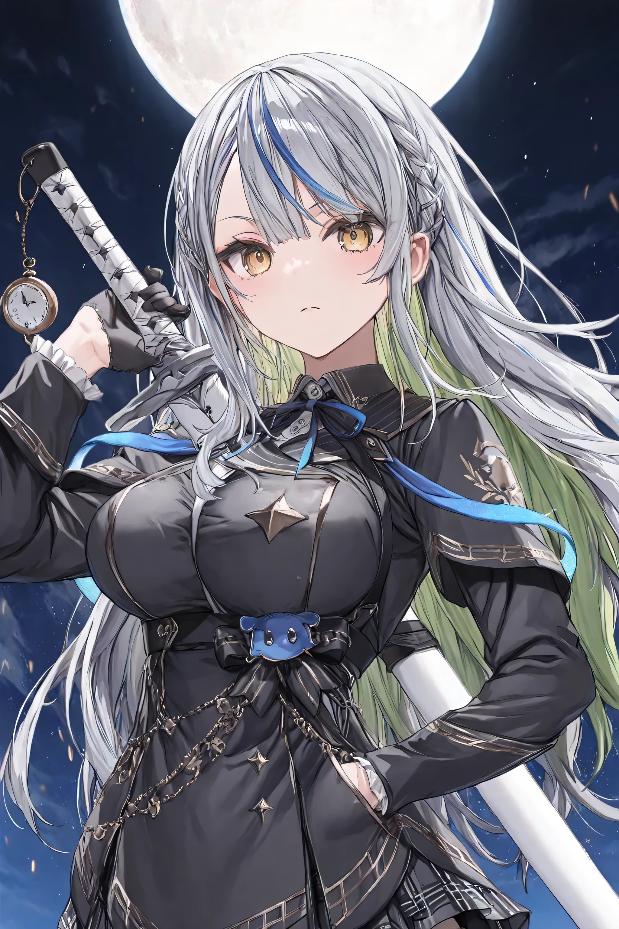 ( top quality , 8k , masterpiece, ), cute、younger , (1 Girl) , Extremely Elaborate Eyes and Faces , silver hair、lime green inner color 、Golden Eyes、(serious expression:2) (Black gothic dress style combat suit、body harness to hold the reins、Hang the pocket watch from your neck、skirt) 、(Slightly larger breasts:1.3)、baby face、night、(With the full moon shining like a giant jewel in the background)、Wind Fluttering Hair、(Holding a thin white sword in the shape of a clock hand:2)、(Side Angle)、( holding a sword:2)、Has a pattern、particles of light dance、 Stylish Sword 、pull from the sheath