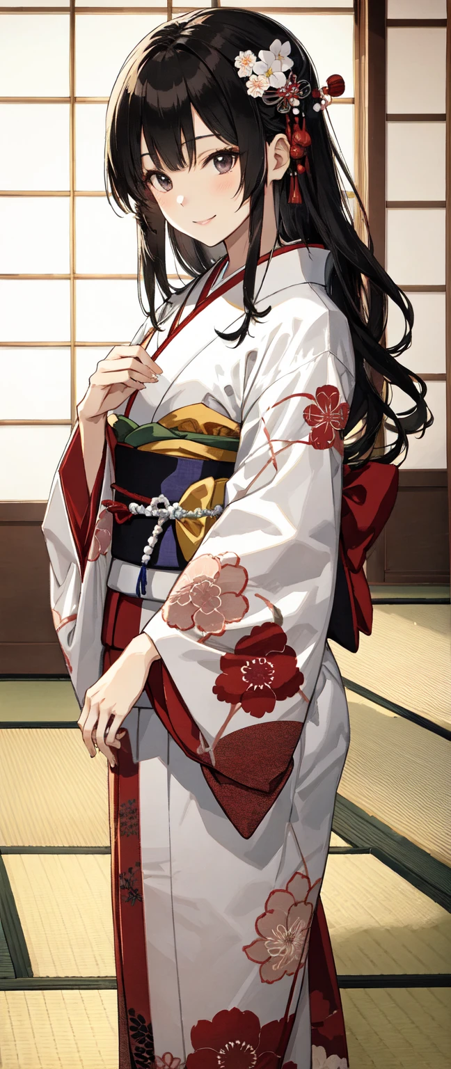 ((Highest quality)), ((masterpiece)), (detailed), (Perfect Face)、(The woman is a 12-year-old princess from the Sengoku period in Japan., Long black hair and a beautiful face Located in a luxurious samurai residence.、The woman is wearing a Japanese white kimono with a richly embroidered red shiny robe over it. The red robe worn by Japanese princesses Her hair is styled in a straight hime cut. It is decorated with gorgeous ornaments from the Edo period., She is made to lie on her back on the futon and forced to have sex by a dirty old man, who thrusts his penis into her pussy, fucks her in the missionary position, and makes her give birth to a .