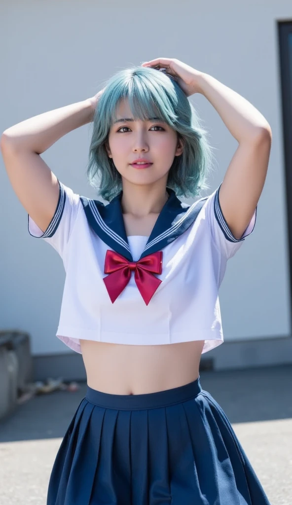 Browsing Caution:0.8、hairstyle with blunt bangasterpiece、highest quality、In 8K、32k、masterpiece、Hmph、超A high resolution、Impressionism、Photorealistic:1.2)、Cowboy Shot、Sharp focus、Detailed face and eyes、Beautiful Face、Blurred Background、Blue sky、Glowing Skin、Sharp pupils、Realistic students、Beautiful Face、Blurred Background、18 year old beautiful girl、Glowing Skin、(((Bowl Cut Hair)))、(((beautiful white hair)))、Iris、(Long sleeve sailor suit、Dark blue pleated skirt)、(Roll up your skirt、White panties are visible:1.45)、Thighs Thighs Thighs Thighs、curve、Dynamic pose、Powerful composition、Have a sportback、((Laughter))、sweating、((Pink Hair))、((Lace  Panties))、Source Order、Low Nose、(Small Mouth)、((tie))、(((Detailed panties)))