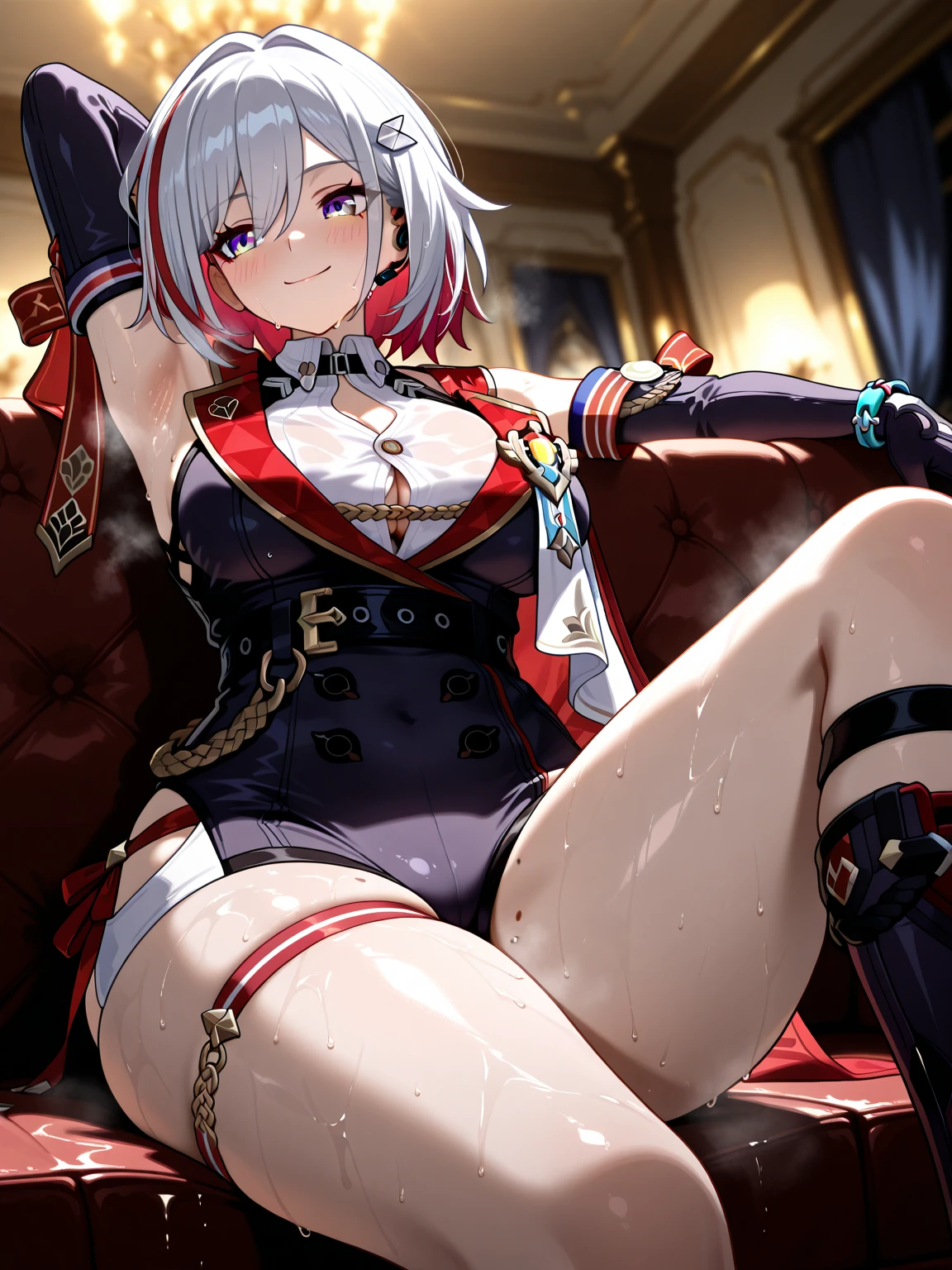 super high quality, with a girl, 20-year-old, very short hair, long bangs between the eyes, pale blue eyes , very detailed,(masterpiece、highest quality)、alone、gray hair、laughter、fantasy, silver hair, black eye, beautiful eyes,, ecstasy, charm, be smitten with audience, fantasyな風景、Drink alcohol、drunk face