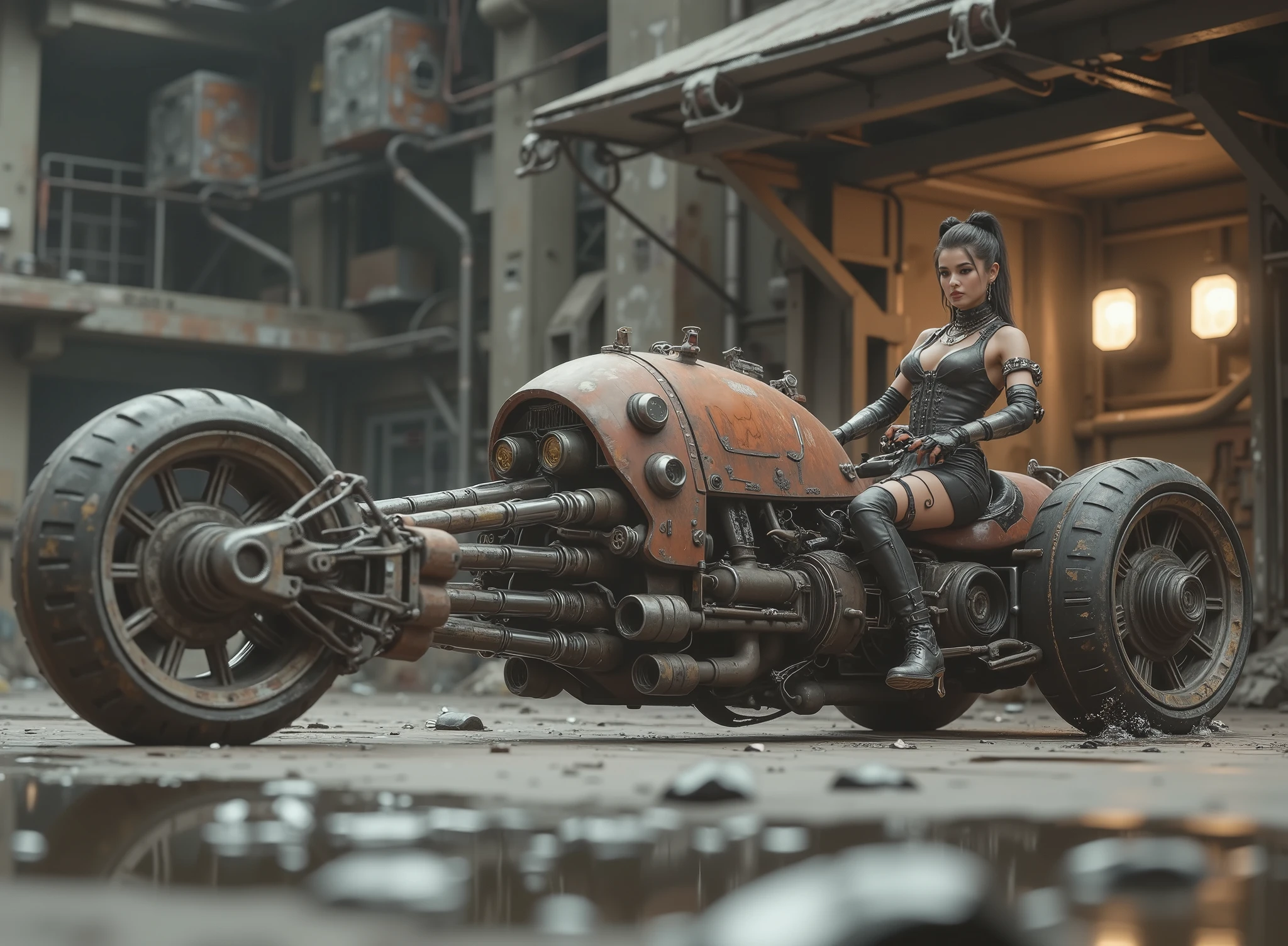 The image shows a futuristic setting with a woman sitting on a uniquely designed motorcycle that embodies a steampunk or post-apocalyptic aesthetic. The motorcycle is sturdy, with a mix of exposed mechanical components, are evident such as large barrels and intricate pipes, with a worn , rusty color palette that insinuates its robust durability. The woman, dressed in a striking sensual and gothic outfit in black leather with straps and chains as well as punk jewelry and high boots, exudes confidence . His outfit suggests a rebellious and daring style, to complement the intense environment. The background reveals an industrial scene with worn and faint buildings, a warm lighting that emits the structure behind, adding a sandy touch, urban atmosphere that contrasts with the elegance of the motorcycle. The ground is wet, possibly due to the recent rain, that reflects light weight and that contributes to changing environment of the scene. Elements of grime and decay, but the composition retains a sense of dynamic action and adventure.