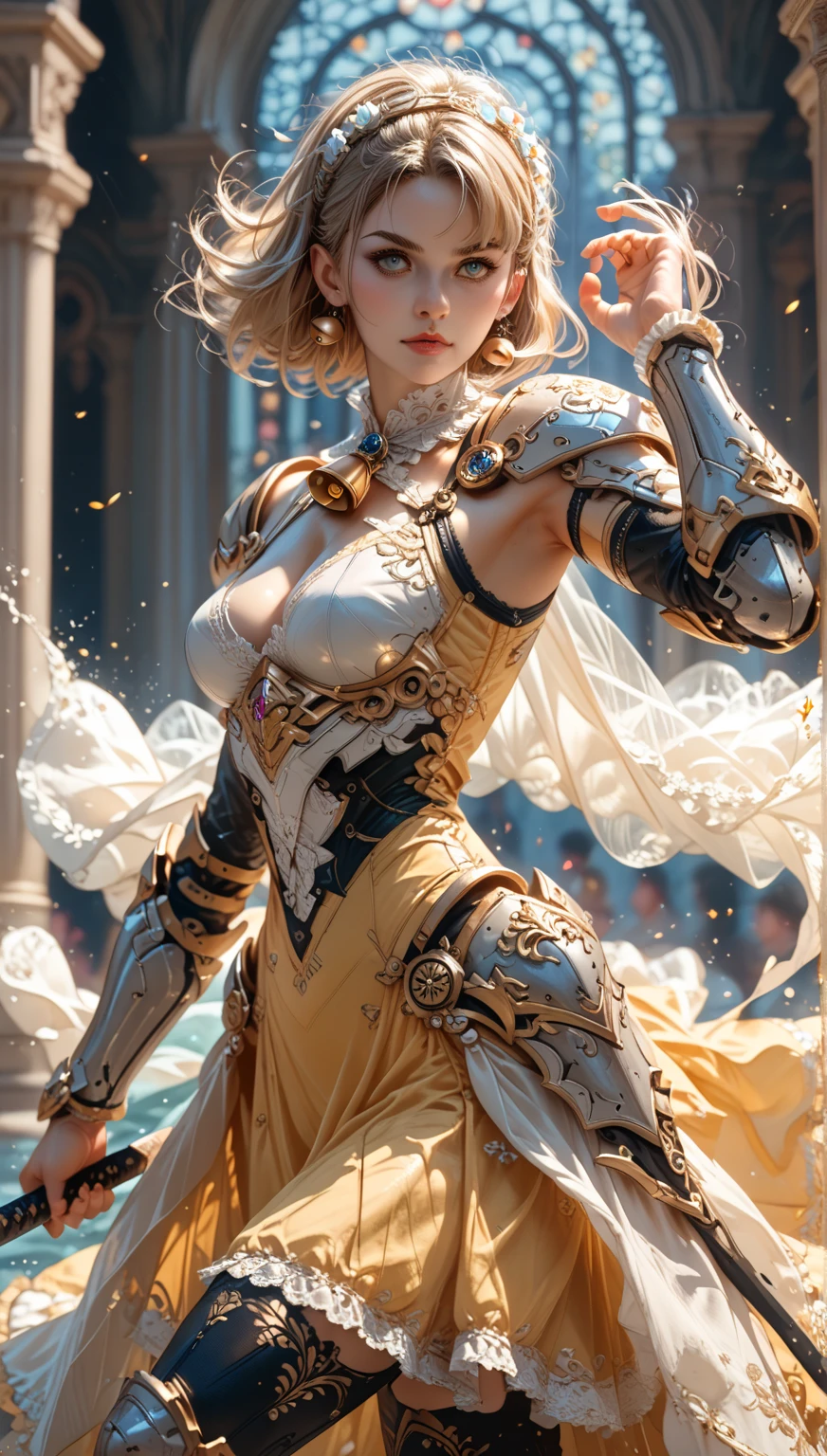 Official Art, Unity 8k wallpaper, ultra detail, masterpiece, best quality, one woman, (very detailed),(RAW photo, best quality), (realistic, photorealistic:1.3), high definition, open mouth wide, ultra-detailed complex 3D rendering of face, (big breasts: 8.8), (highly detailed skin: 1.2), (exposure: 1.1), Beautiful Caucasian woman with full soft breasts and white skin with big ass (topless), breasts, white hair, blue eyes, long hair, (translucent pink dress), dynamic angle, mystical expression, fire glow effect, fantasy background, rim lighting, side light, cinematic light, ultra high definition, 8k, film grain,best shadow, light particles, detailed skin texture, Detailed jewel armor texture, detailed face, intricate detail, super detailed, bright, strong, gold armor, cleavage, slender abs, have glowing weapons, have a shield, pole dron, ((beautiful huge crown with detail)), shining eyes, long red cloak, fantasy, (realistic),