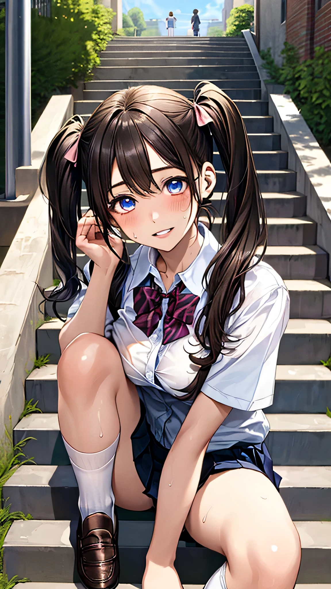 Highest quality,(Beautifully detailed white panty),She looks at me teasingly.,(smile),School corridor,(She is excited to show her panty),There are girls around, (She shows me her panty:1.3), She is thinking of making me masturbate in front of her by showing me her panty,