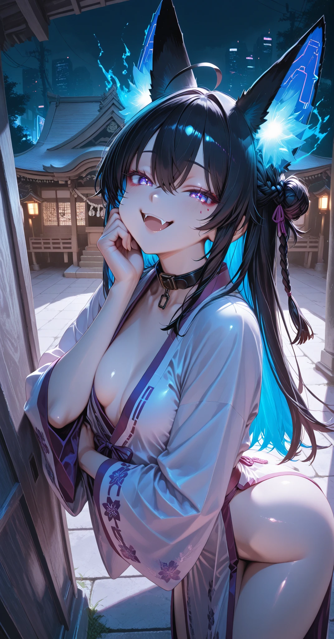 pretty , cat ears, blush, smile, tareme, happy, smug, black long hair, yellow eyes, flower hair ornament, looking at viewer, large breasts, wearing floral print white yukata, hand on own chest, cleavage, wet body, holding a candy apple, japanese summer festival background, night sky, fireworks, scenery, cute illustration, masterpiece, best quality, detailed background, intricate, cowboy shot, close up, from above, bloom, light particles,